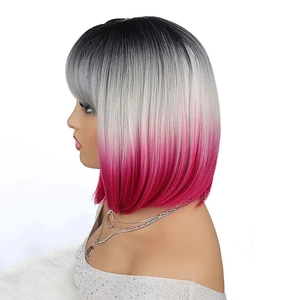 Short bob wig with bangs featuring a stylish black, grey, and pink gradient color