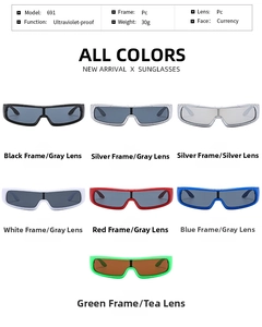 Detailed multi-color grid of oversized wraparound punk sports sunglasses with PC frames