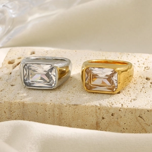 Minimalist 18K gold and silver plated stainless steel rings with square zircon stones