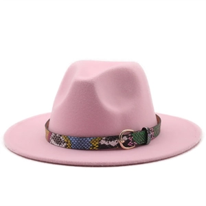 Pink wool fedora hat with a colorful snakeskin pattern band and gold metal buckle