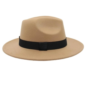 Detailed close-up of a khaki wool fedora hat with a classic black grosgrain ribbon trim