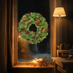 Classic Christmas pine needle wreath with pine cones and red berries on a snowy window
