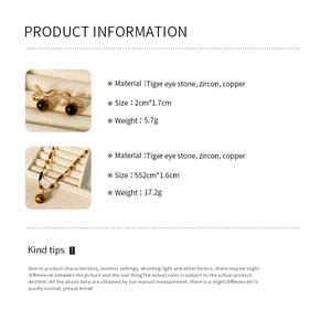 Detailed product size info for tiger eye and zircon jewelry set with necklace and earrings