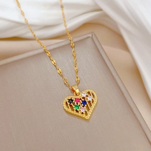 Luxurious titanium steel heart pendant necklace with colorful crystals on silk
