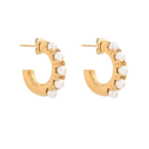 Elegant gold C-shaped stainless steel earrings with six white inlaid pearls on white background