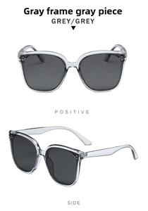 Detail view of transparent grey square sunglasses with dark grey lenses and metal rivets