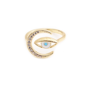 Detail showing evil eye design with moon crescent and zircon accents on golden ring