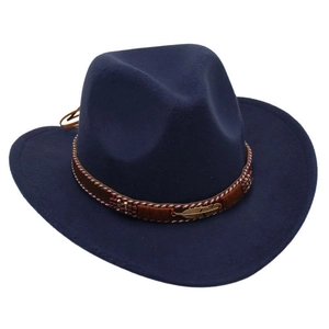 Close-up of navy blue felt fedora with braided band and gold feather pendant detail