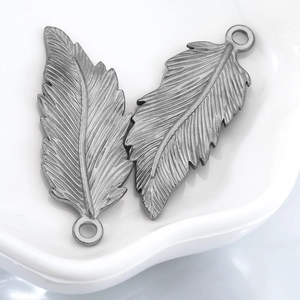 Retro stainless steel feather charms in gunmetal grey finish for DIY jewelry making