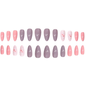 Set of 24 almond-shaped press-on nails featuring pink, grey-purple, and floral patterns