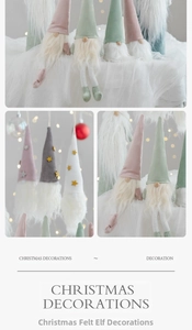 Detailed view of pastel felt Christmas gnomes with long plush beards and starry pointed hats