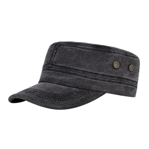 Vintage washed cotton flat top army cap in charcoal grey with metal eyelets and sun protection