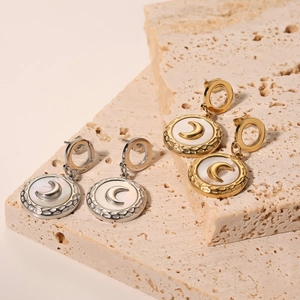 Moon Pendant Drop Earrings 18K Gold Plated Stainless Steel Round Mother Of Artificial Pearl Shell Relief Textured Jewelry For Women