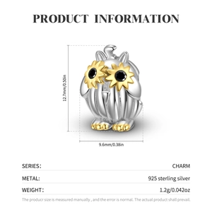 S925 sterling silver owl charm for bracelets with dimensions 12.7mm by 9.6mm