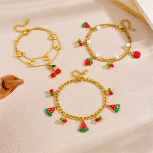 Bracelet À Breloques Fruits Acier Inoxydable Émail Pastèque Fraise Cerise Doré Bijoux D'Été Pour Femmes