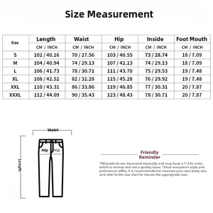Size chart for men's plaid casual pants including length waist hip and inside measurements