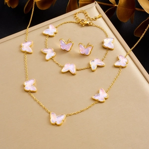 Butterfly Necklace Bracelet Earrings Gold Plated Stainless Steel Jelly Pink Iridescent Insect Jewelry For Women Sweet Style