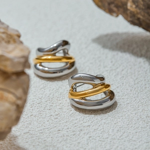 Two-tone 18K gold and silver stainless steel C-shaped geometric stud earrings for women