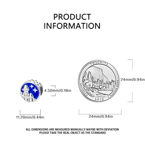 Blue enamel castle charm bead product dimensions and scale compared to a coin