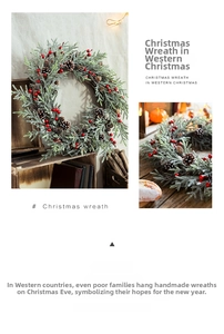 Detailed view of snowy cedar Christmas wreath with red berries and pine cones