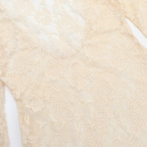 Close-up of intricate rose lace texture and sheer mesh fabric on beige summer dress