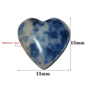 Polished 15mm heart-shaped natural crystal stone with detailed dimension markings