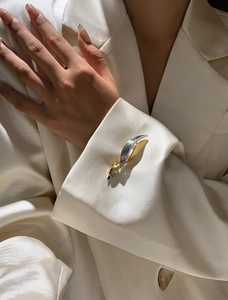 Detail of interlocking gold and silver feather brooch on silk blazer lapel