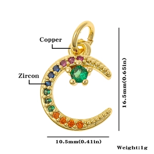 Golden crescent moon pendant with colorful zircon, sizing 16.5mm by 10.5mm detail view