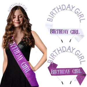 Close-up of BIRTHDAY GIRL rhinestone headband and glitter sash set for women party