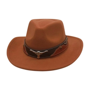 Vintage western wool felt cowboy hat in dark orange with bull head metal emblem