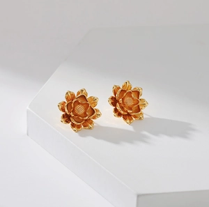Vintage 18K gold brass camellia stud earrings featuring layered floral petals and brushed metal