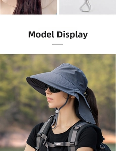 Detail of grey wide brim sun hat with neck flap and ponytail hole for outdoor protection