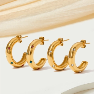 Vintage Stainless Steel Hoop Earrings Multi-color Cubic Zirconia Starburst Design Retro Geometric Jewelry For Women