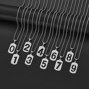 Set of ten stainless steel square box chain necklaces with cutout numbers zero to nine