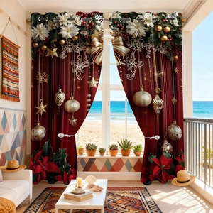 Detail view of red velvet Christmas curtains with grommet top and festive floral print