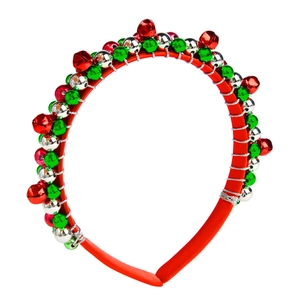 Detail shot of colorful Christmas bells and festive tinsel on a red reindeer headband