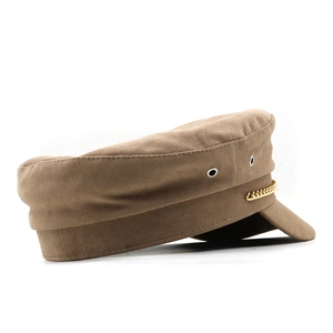 British style brown cotton baker boy hat with gold chain detail and metallic eyelets