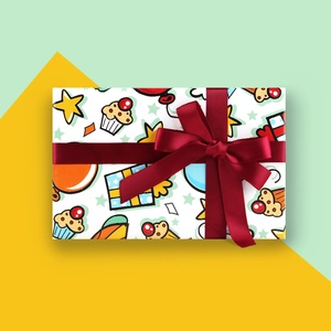 Rectangle gift box with colorful cupcake prints and a deep red silk ribbon bow detail