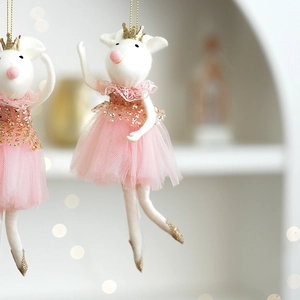 Décoration de souris ballerine en peluche avec couronne dorée et tutu rose pour Noël