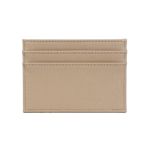 Detail view of beige Saffiano leather card holder with three vertical slots