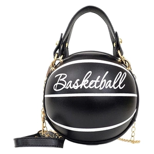 Fashionable basketball shaped crossbody bag in black faux leather with gold chain strap
