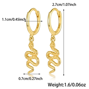 Macro shot showing dimensions and S925 hallmark of gold plated snake charm earrings