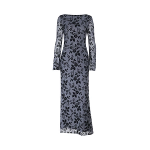 Detail of grey mesh dress featuring black floral flocking and sheer long sleeves