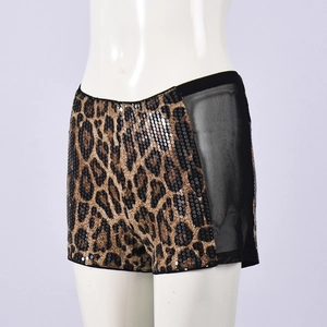 Detailed view of leopard print sequin shorts featuring side mesh panels and elastic waistband