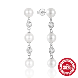 Elegant S925 sterling silver drop earrings with long tassels, white pearls and sparkling zircons