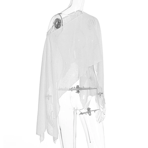 Macro detail of breathable white translucent mesh knit shawl with asymmetrical drape