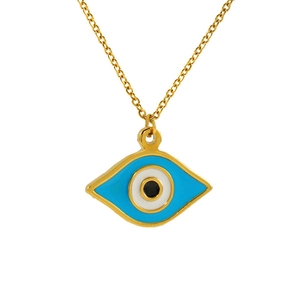 Detailed close-up of golden evil eye pendant with blue white and black enamel inlay
