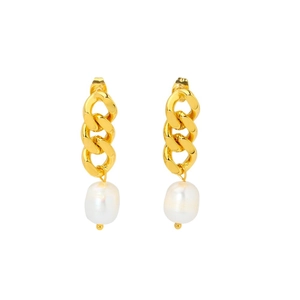 18K gold plated stainless steel Cuban chain earrings with natural freshwater pearl pendants