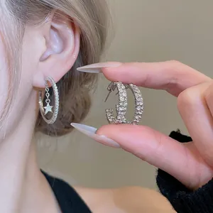 Star Pendant Hoop Earrings Silver Tone Rhinestone Women Jewelry With 925 Sterling Silver Earring Post