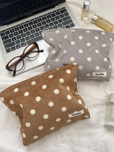 Polka Dot Corduroy Cosmetic Bag Travel Makeup Organizer Pouch Zipper Portable Storage Wash Case For Women